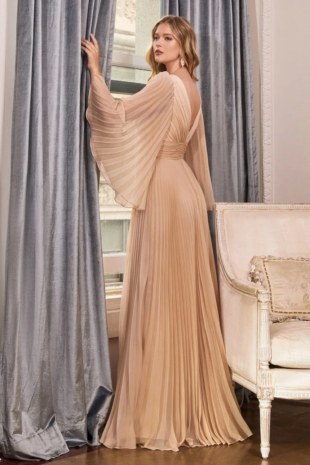 Pleated Long Bell Sleeves Gown CD242