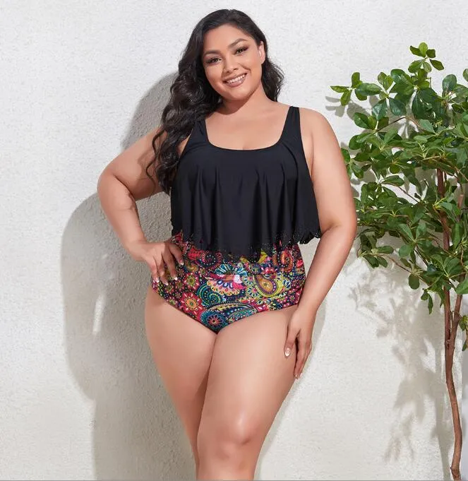 Plus Size Swimsuit Women Bikini Two Piece Ruffled Top High Waist