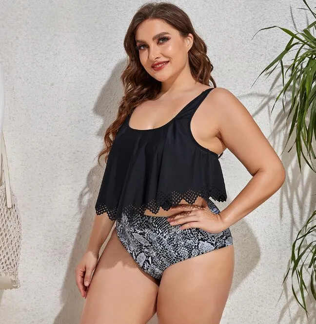Plus Size Swimsuit Women Bikini Two Piece Ruffled Top High Waist