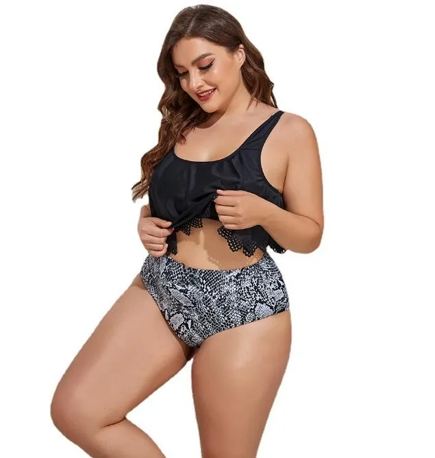 Plus Size Swimsuit Women Bikini Two Piece Ruffled Top High Waist