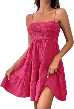 PTOLOCIF Short Dress Solid Ruffle Hem Short Dress Sleeveless Summer Mini Sexy Dress Beach Outfits for Plus Size