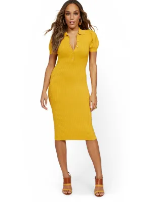 Puff-Sleeve Polo Midi Sweater Dress