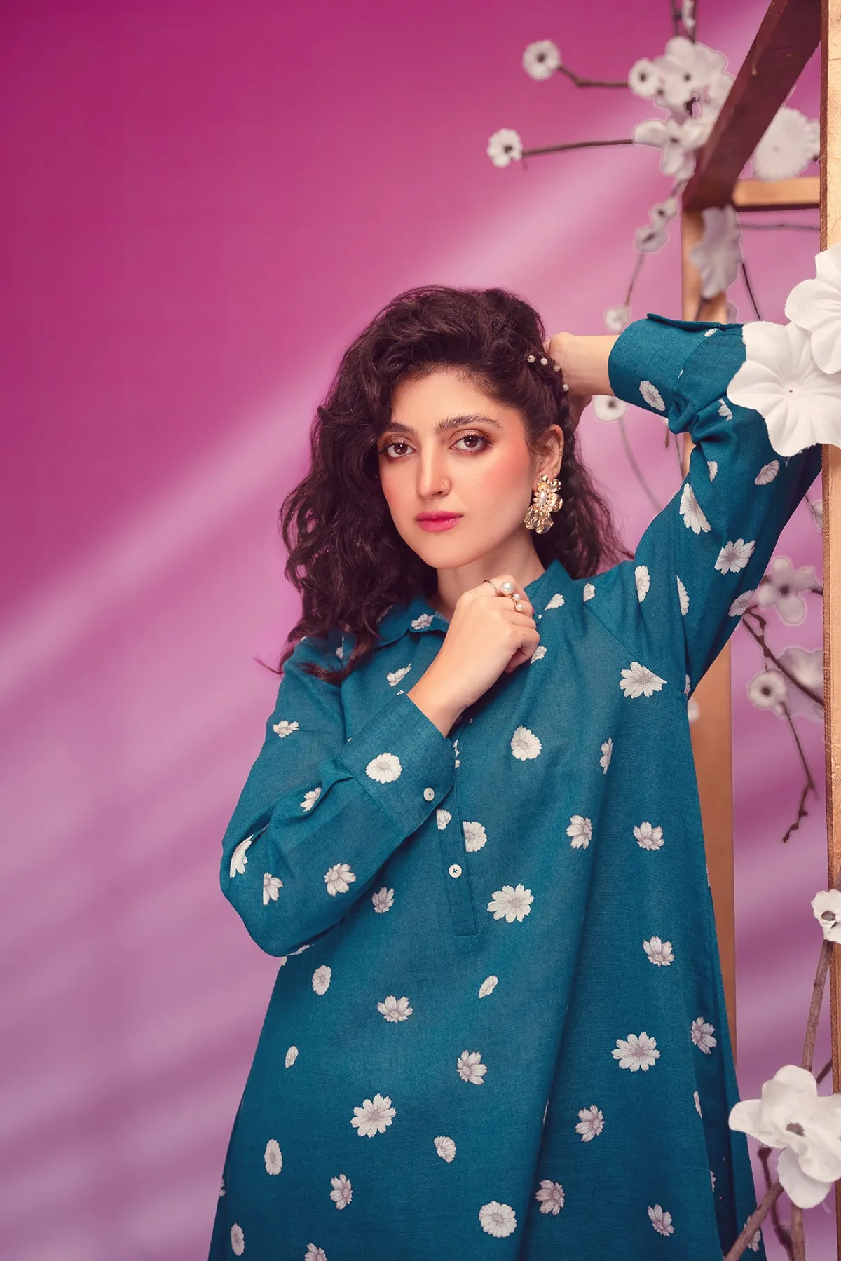 PW22-179-Printed Flared Shirt with Trousers 2PC
