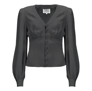 "Jay" Long Sleeve Blouse in Black, Classic 1940s Vintage Inspired Style