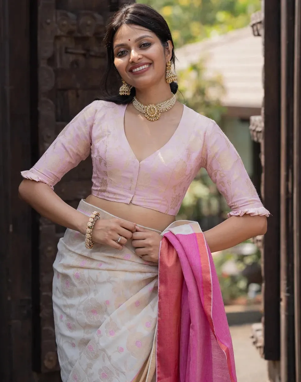 Readymade Baby Pink Brocade Blouse Made Of Satiny Soft Silk