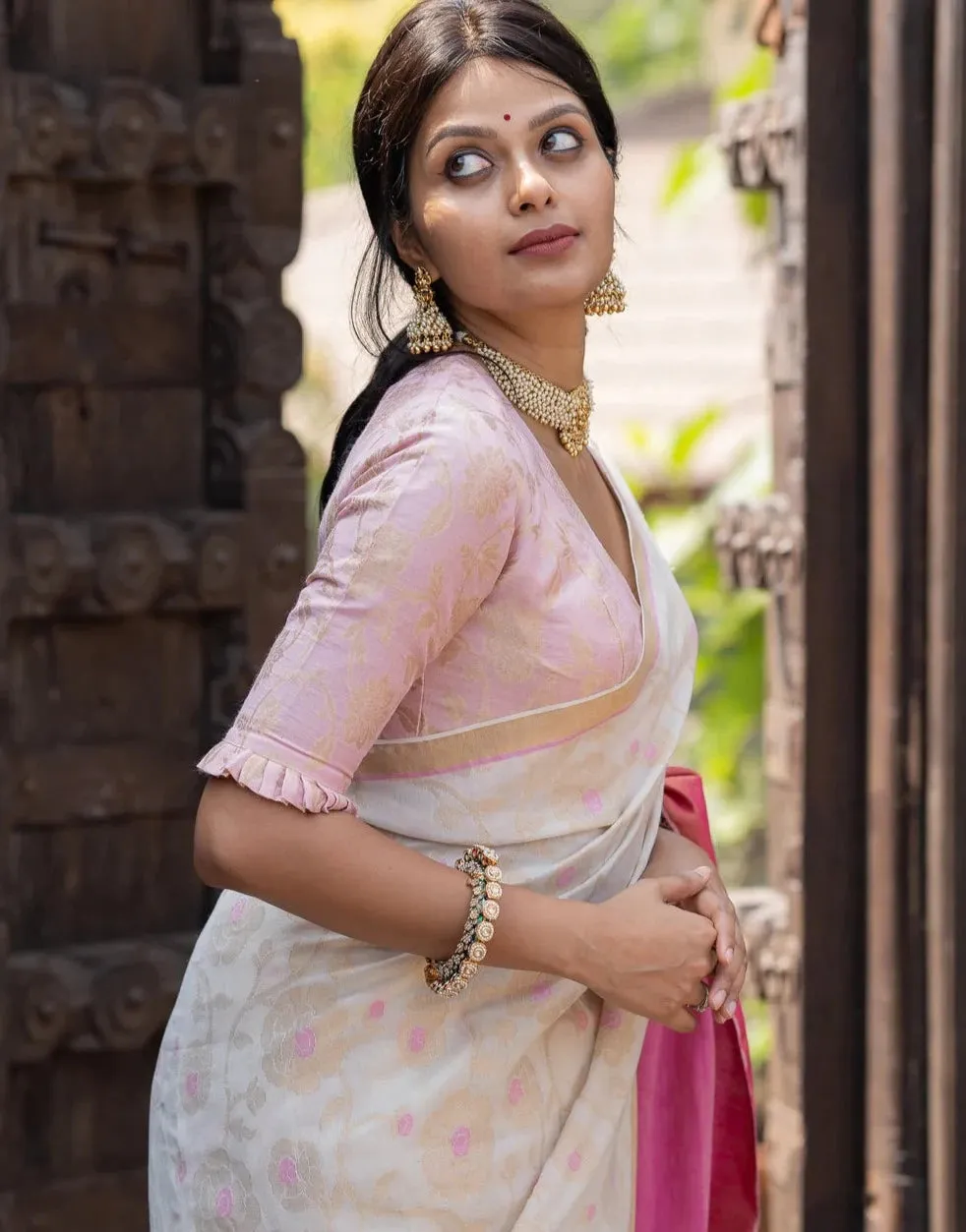 Readymade Baby Pink Brocade Blouse Made Of Satiny Soft Silk