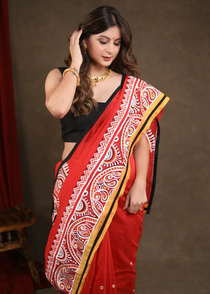RED CHANDERI SAREE WITH ELEGANT ALPANA HANDPAINTING