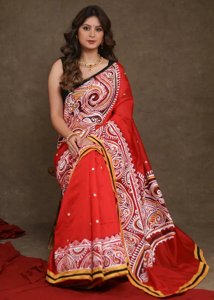 RED CHANDERI SAREE WITH ELEGANT ALPANA HANDPAINTING