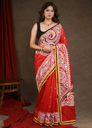 RED CHANDERI SAREE WITH ELEGANT ALPANA HANDPAINTING