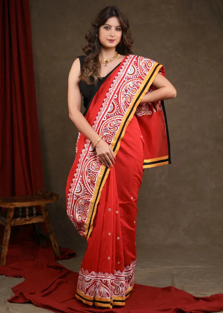RED CHANDERI SAREE WITH ELEGANT ALPANA HANDPAINTING