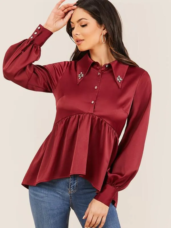 Rhinestone Detail Asymmetrical Ruffle Hem Satin Blouse