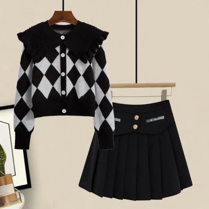 Rhombus Print Sweater Slip Dress Skirt Pants Set