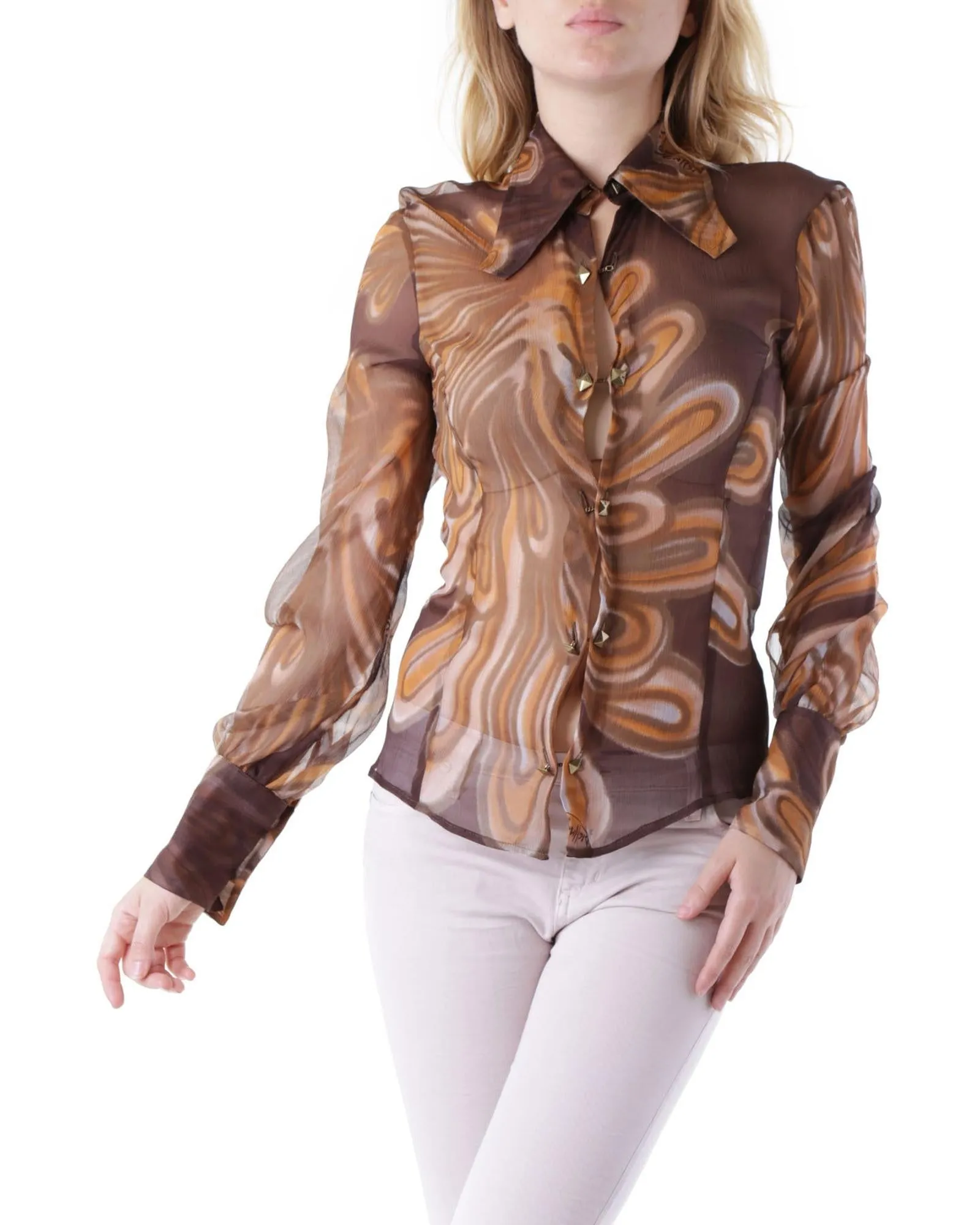 Richmond X Women's Brown Silk Blouse with Abstract Swirl Print