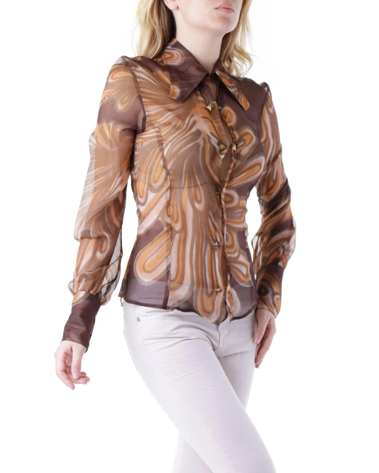 Richmond X Women's Brown Silk Blouse with Abstract Swirl Print