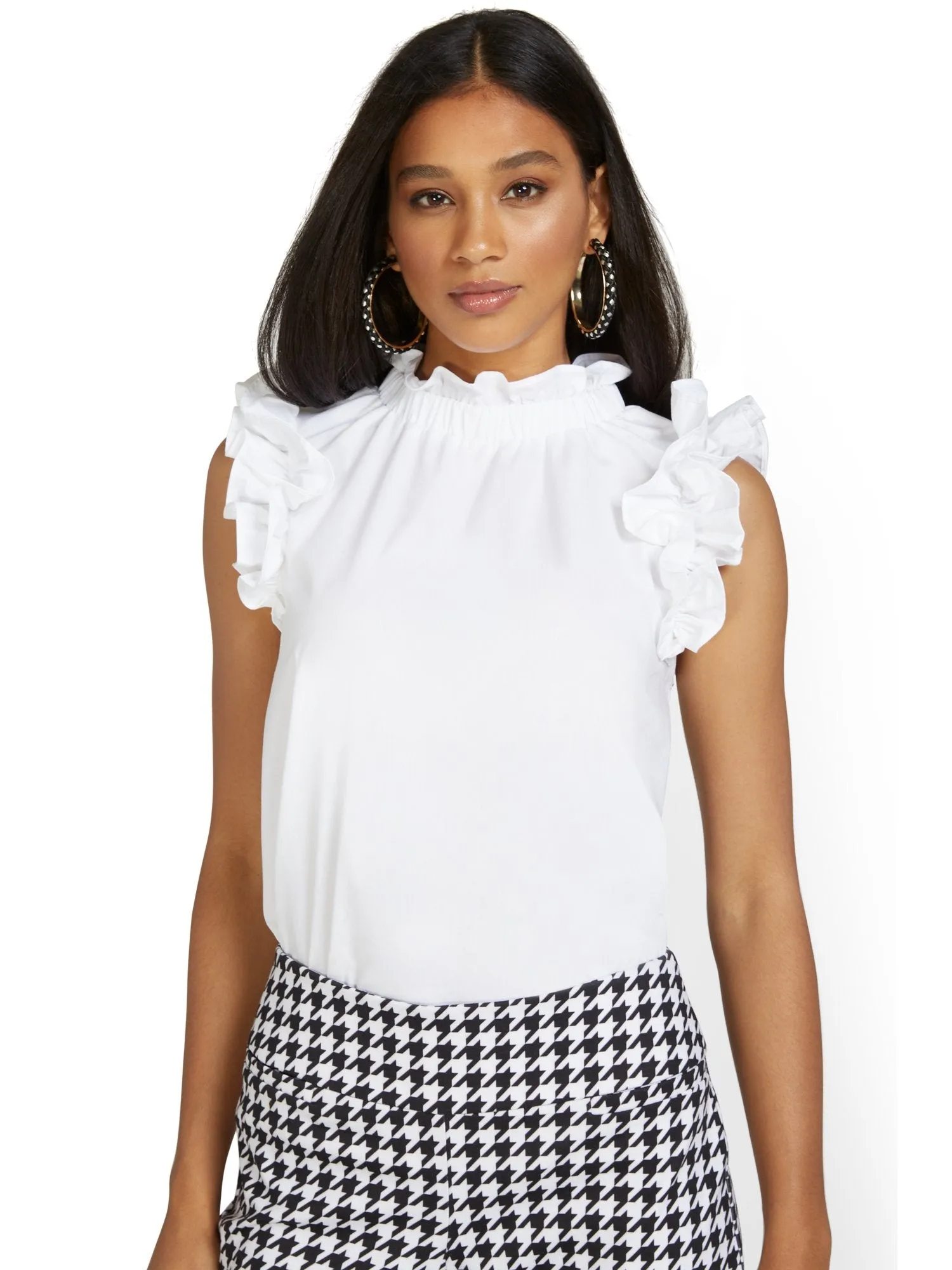 Ruffle High-Neck Poplin Top