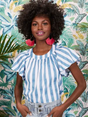Ruffle-Sleeve Stripe Poplin Top