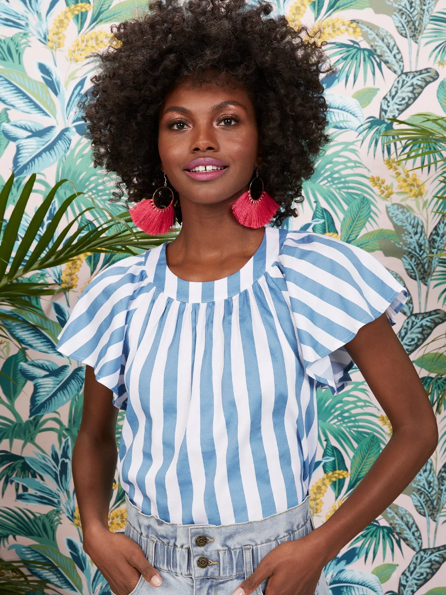 Ruffle-Sleeve Stripe Poplin Top