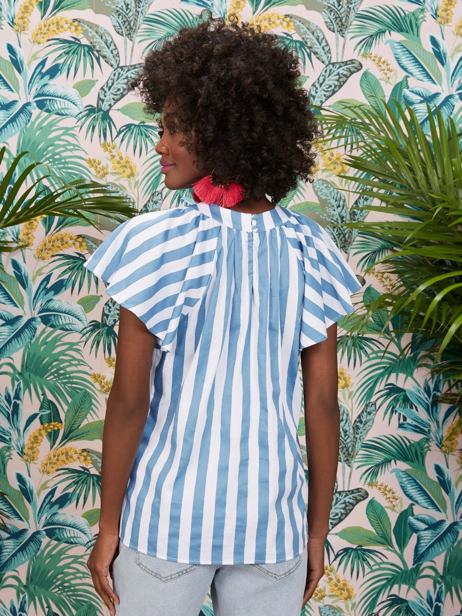 Ruffle-Sleeve Stripe Poplin Top