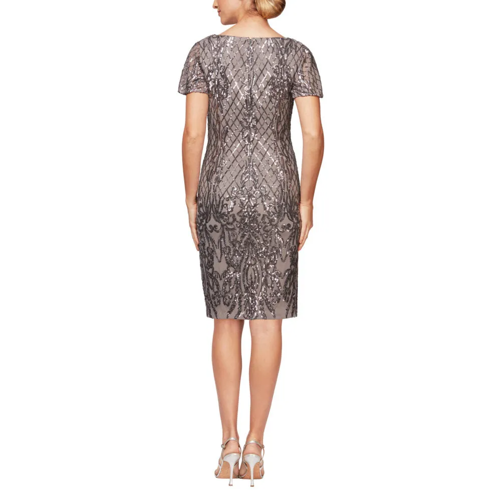 Short Sleeve V-Neck Sequin Cocktail Dress | Grey