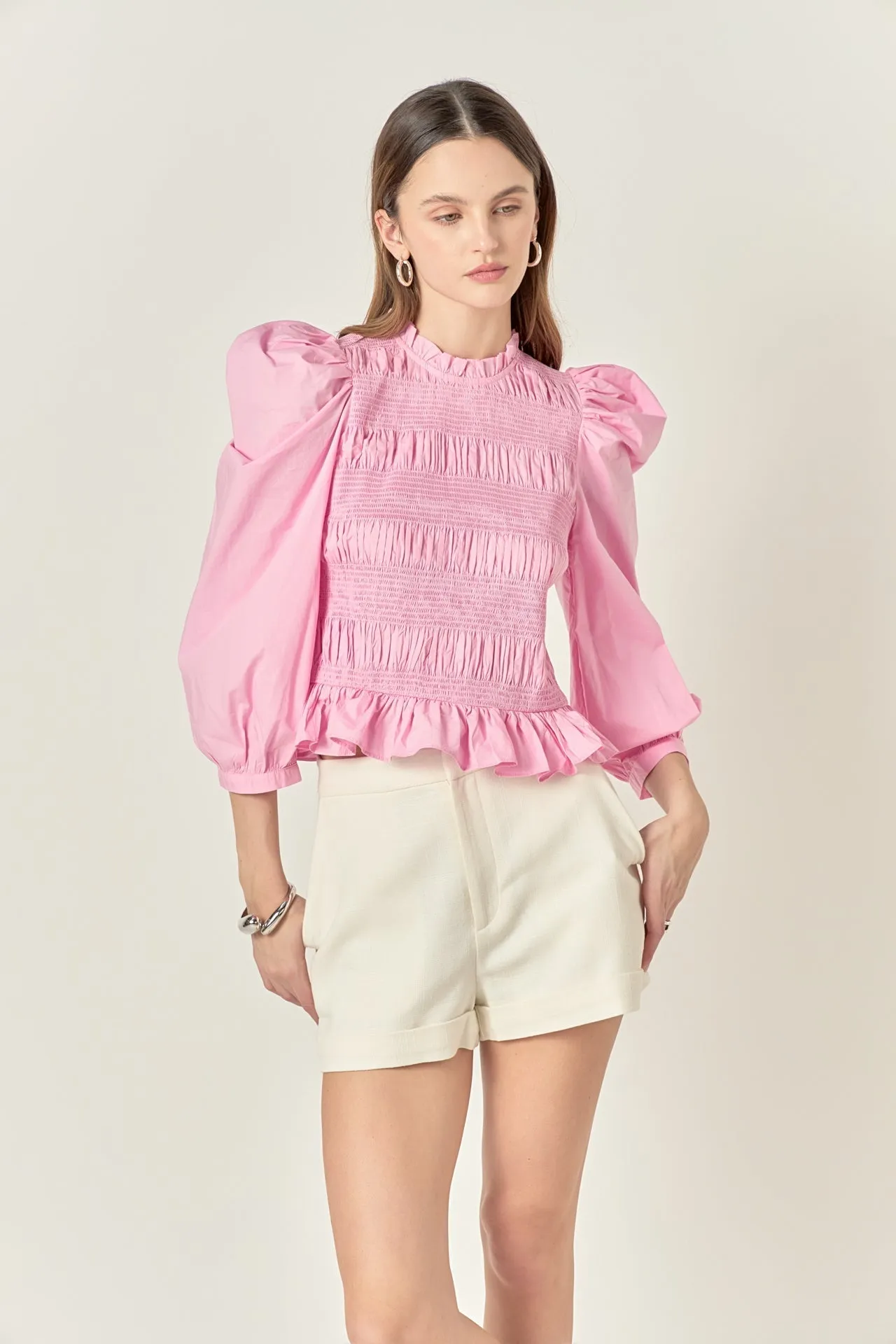 Smocking Detail Puff Sleeve Poplin Blouse
