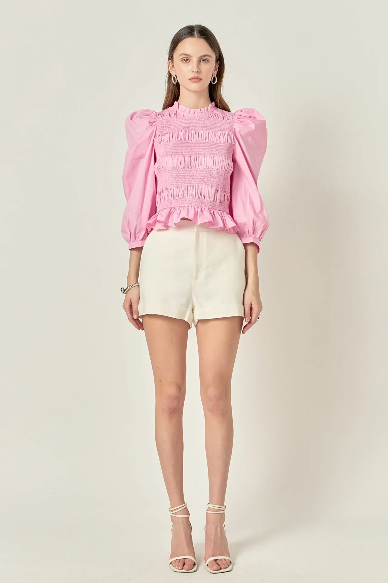 Smocking Detail Puff Sleeve Poplin Blouse