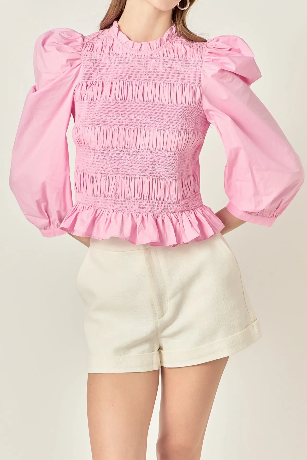 Smocking Detail Puff Sleeve Poplin Blouse
