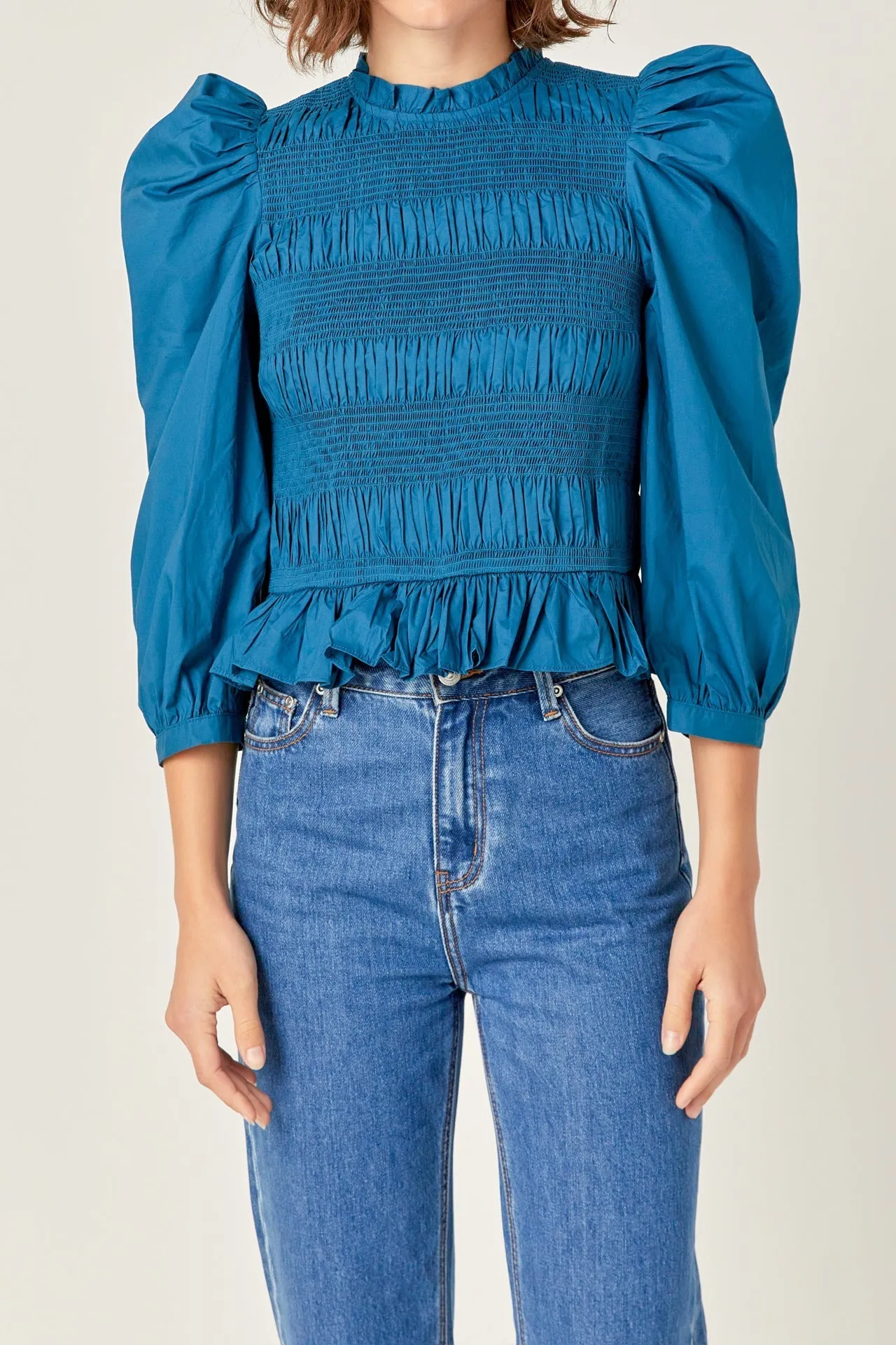 Smocking Detail Puff Sleeve Poplin Blouse