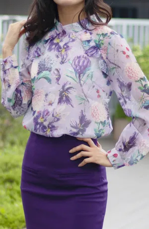 Soft Comfy Lilac Purple High-neck Ruffle Cuffed Long Sleeves Blouse