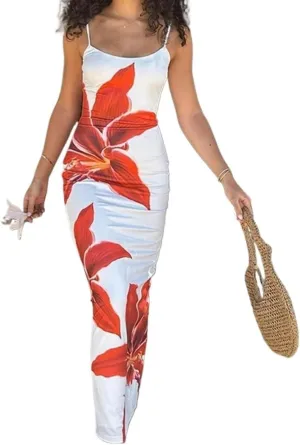 Spaghetti Strap Long Dress Women Printed Casual Summer Dress Backless Bodycon Boho Maxi Dress Beach Sundress(White,Small)