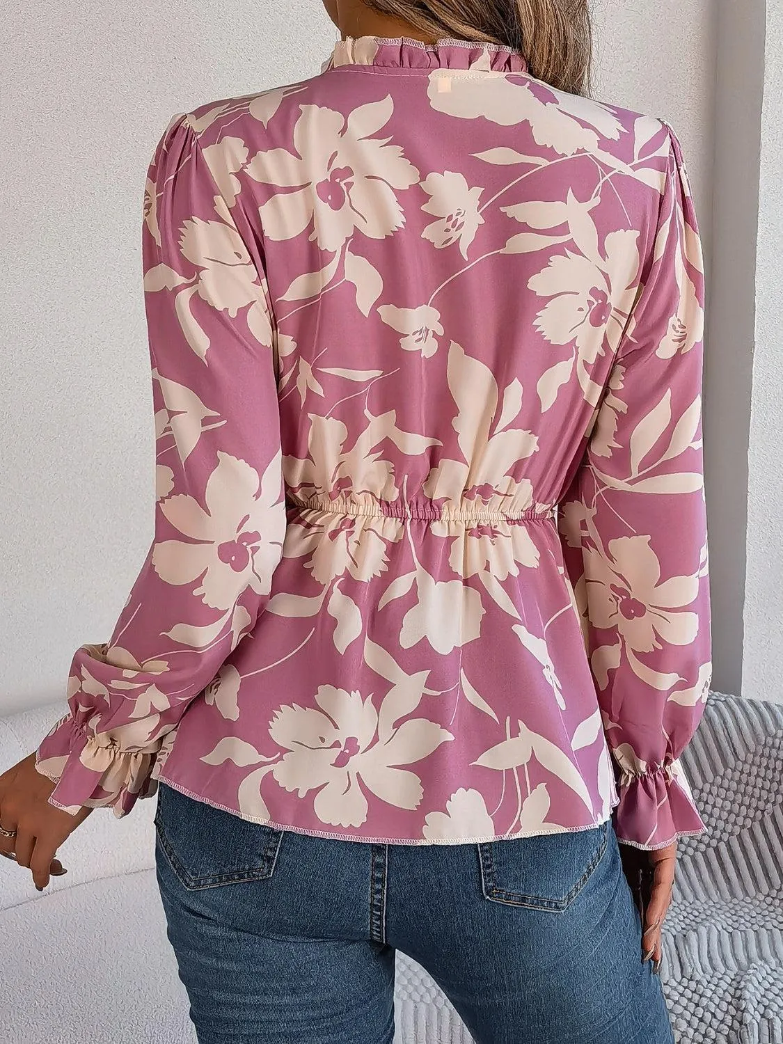 Spring Aura Floral Long Sleeve Peplum Blouse