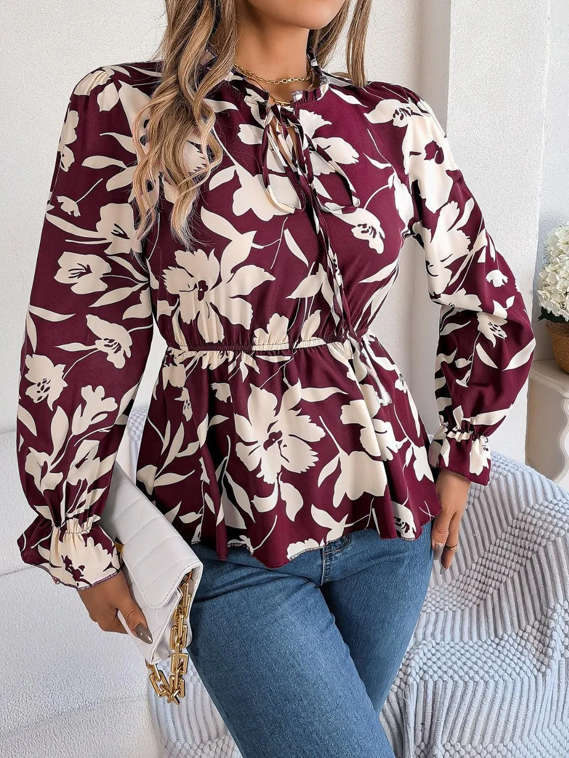 Spring Aura Floral Long Sleeve Peplum Blouse