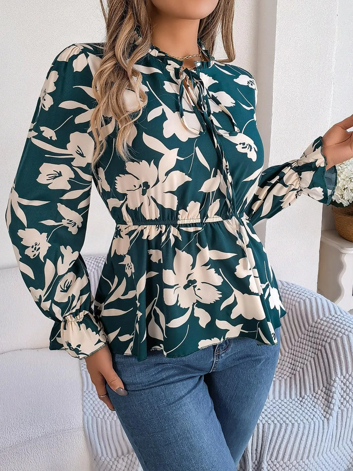 Spring Aura Floral Long Sleeve Peplum Blouse