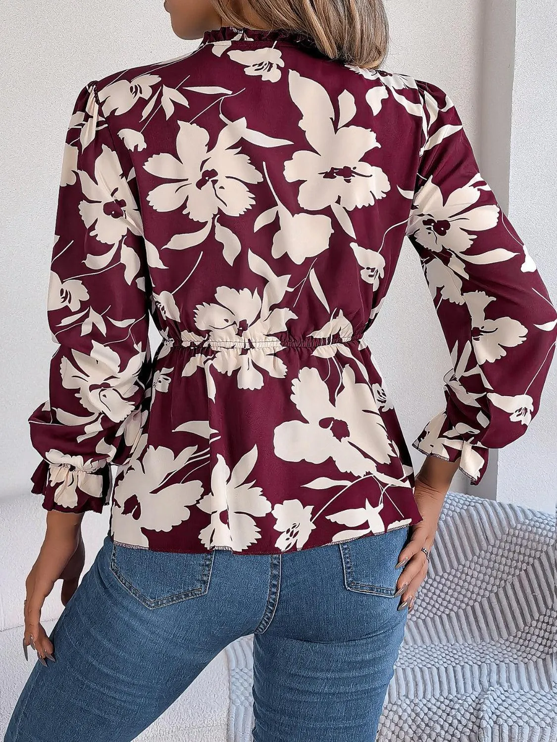 Spring Aura Floral Long Sleeve Peplum Blouse