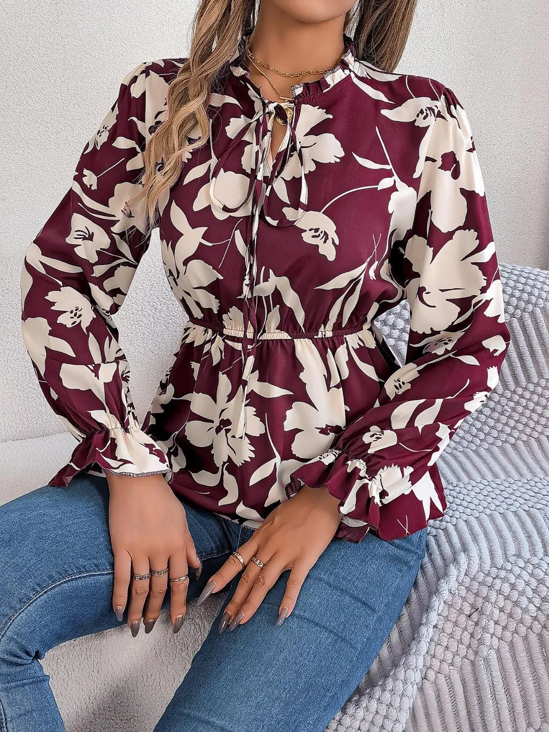 Spring Aura Floral Long Sleeve Peplum Blouse