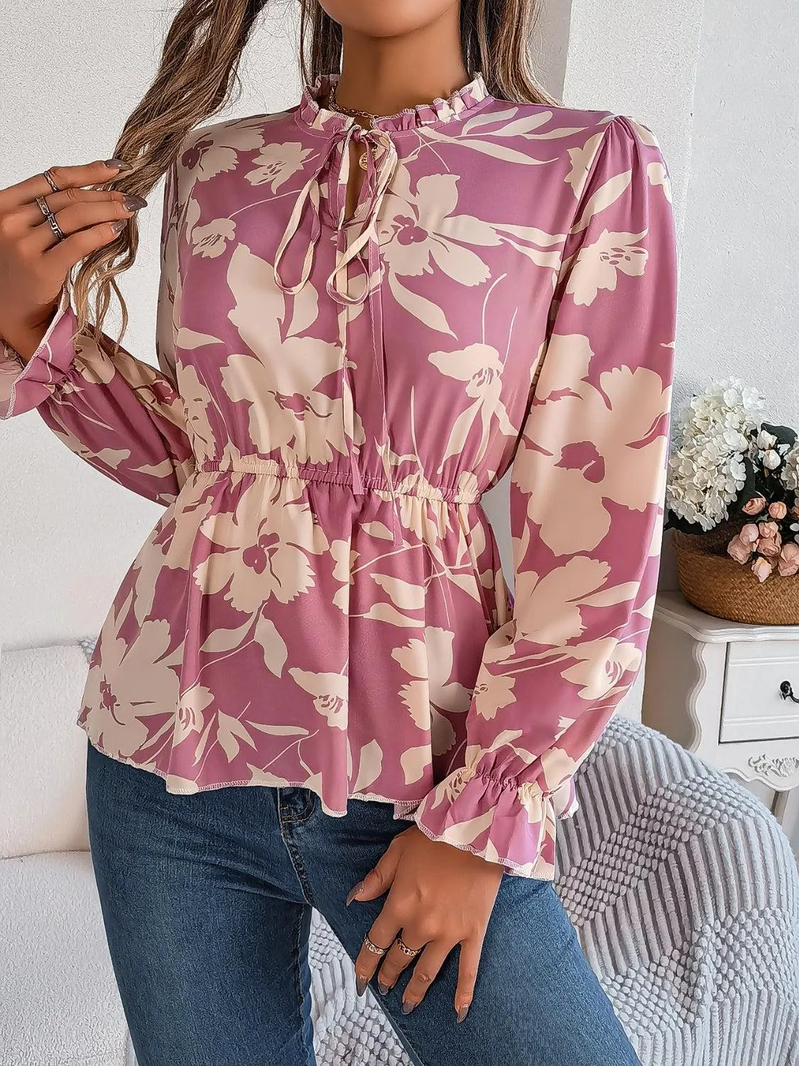 Spring Aura Floral Long Sleeve Peplum Blouse