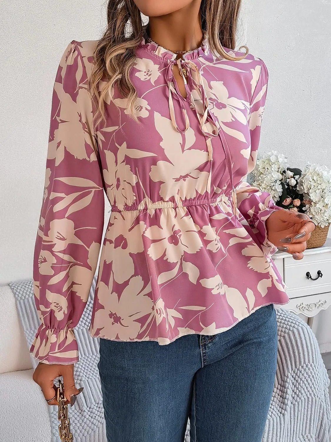 Spring Aura Floral Long Sleeve Peplum Blouse