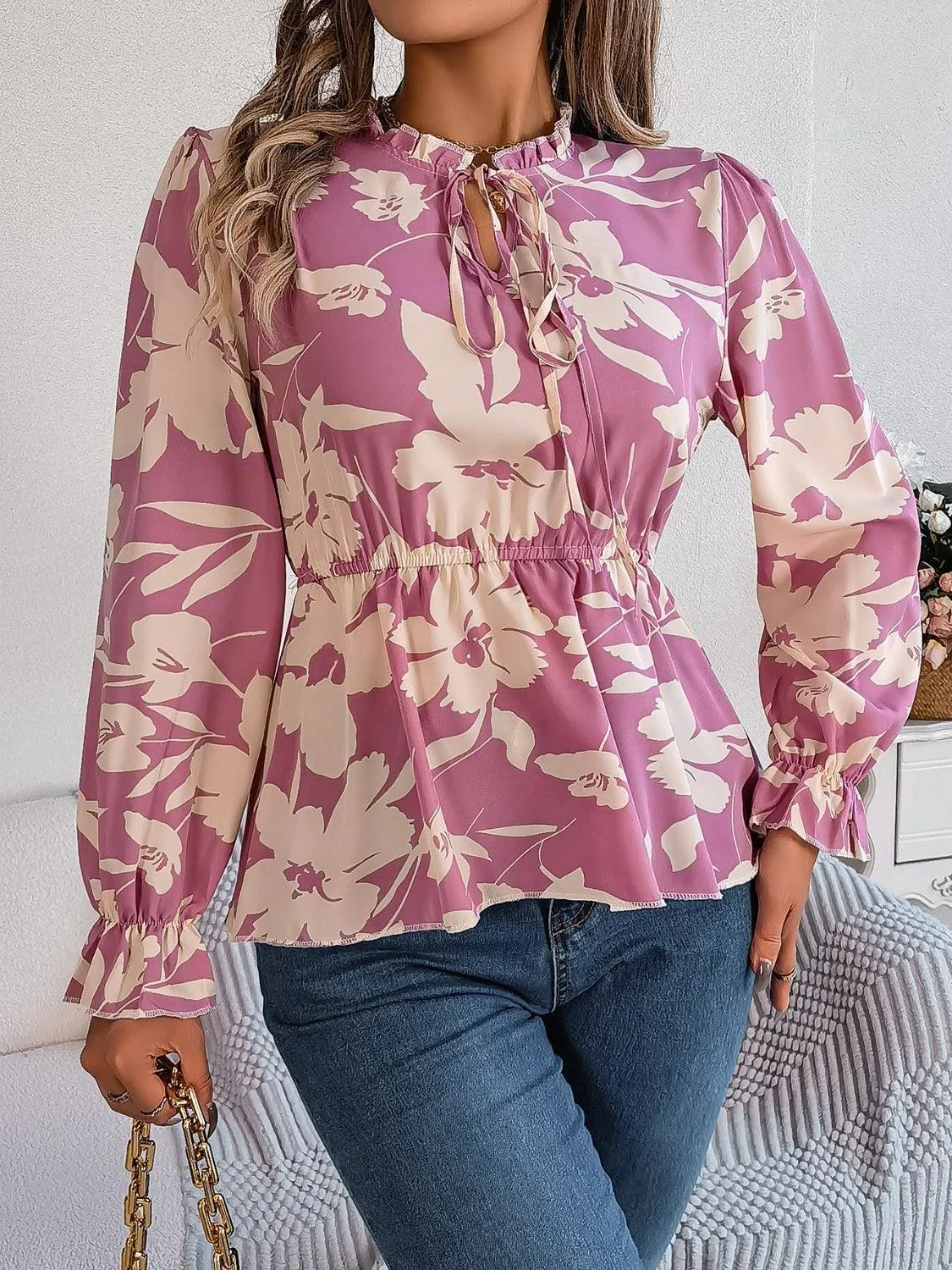 Spring Aura Floral Long Sleeve Peplum Blouse