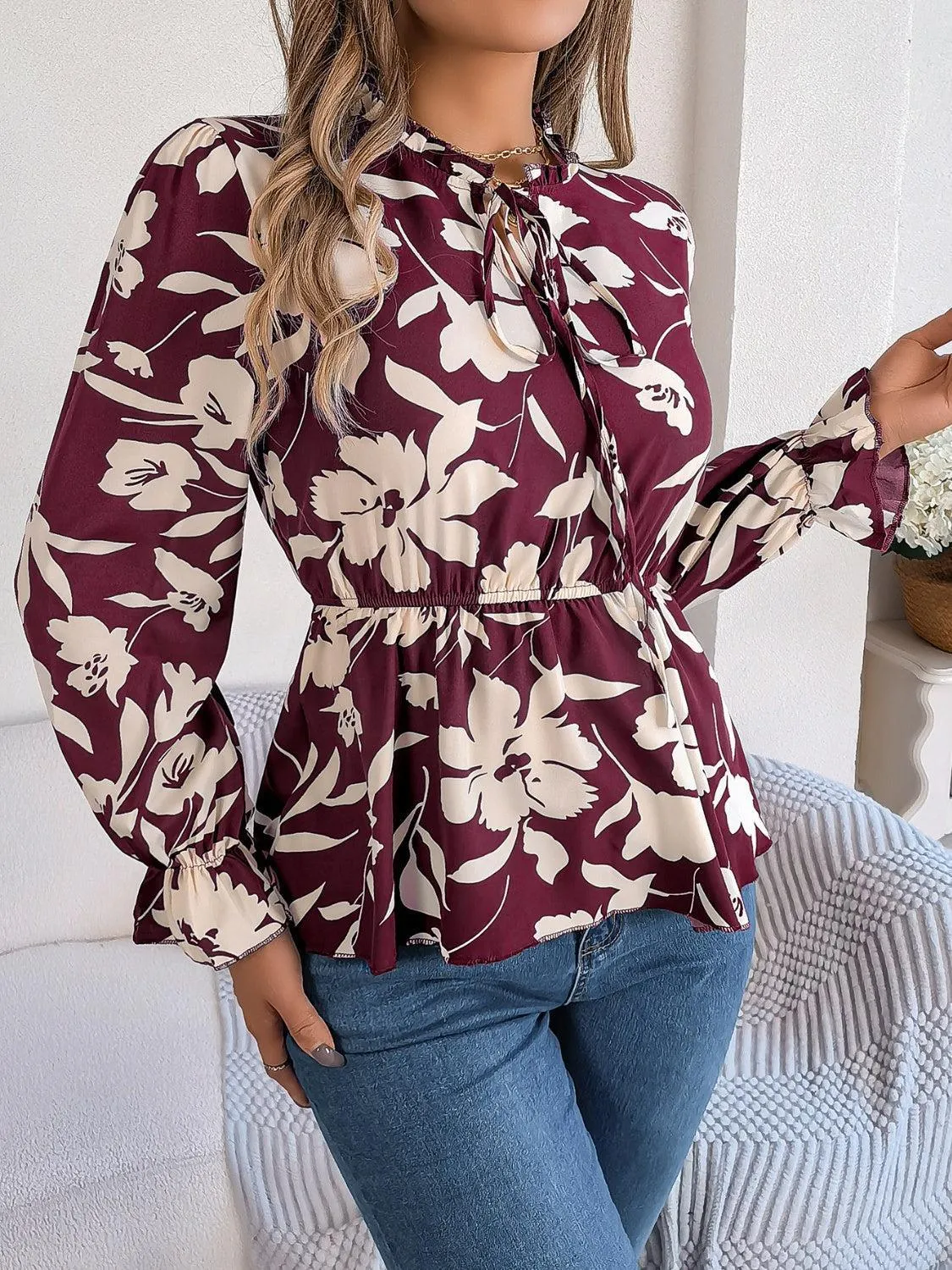 Spring Aura Floral Long Sleeve Peplum Blouse