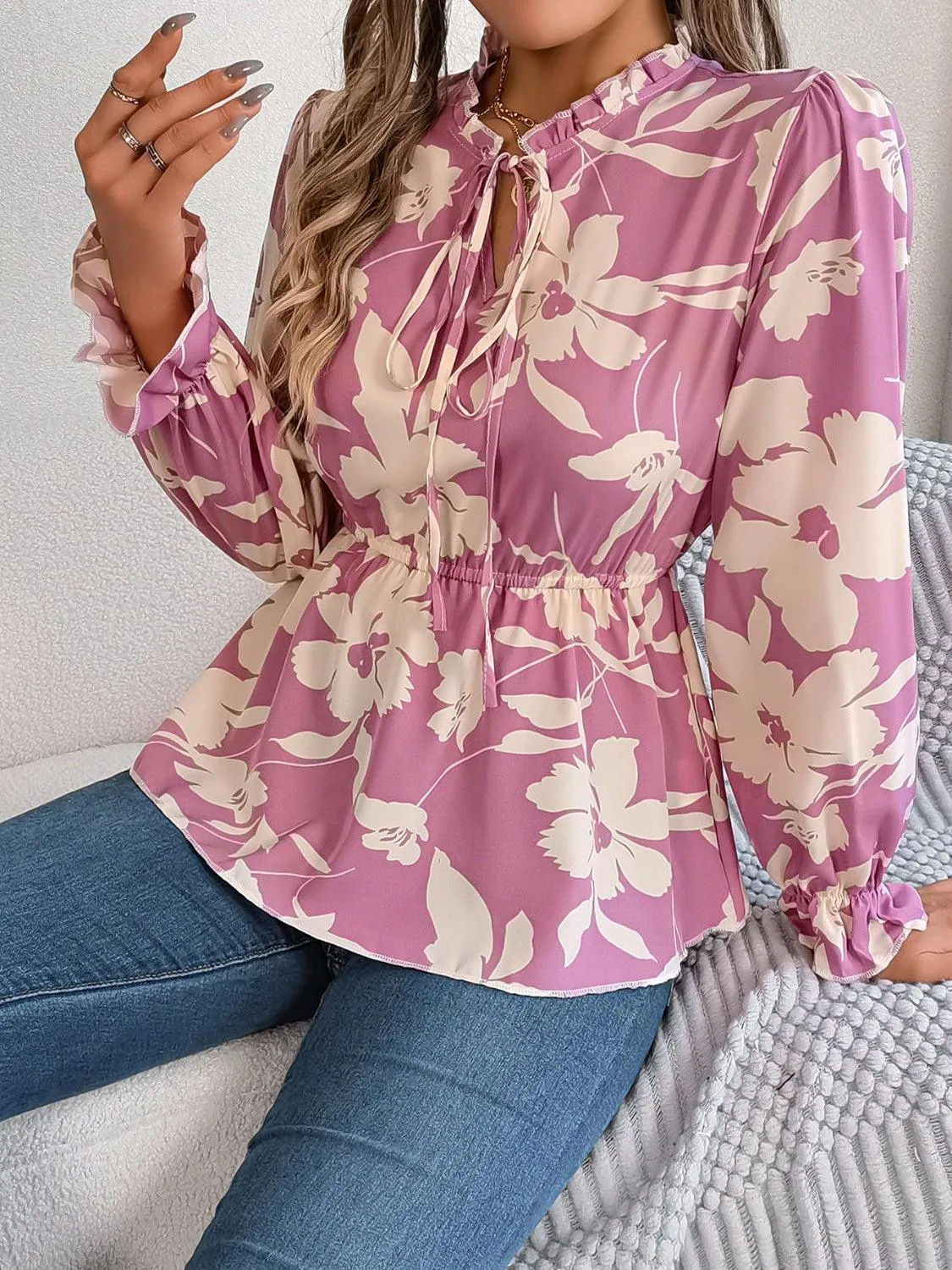 Spring Aura Floral Long Sleeve Peplum Blouse