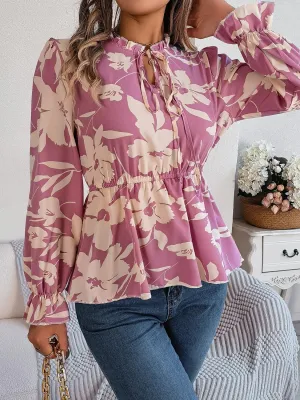 Spring Aura Floral Long Sleeve Peplum Blouse