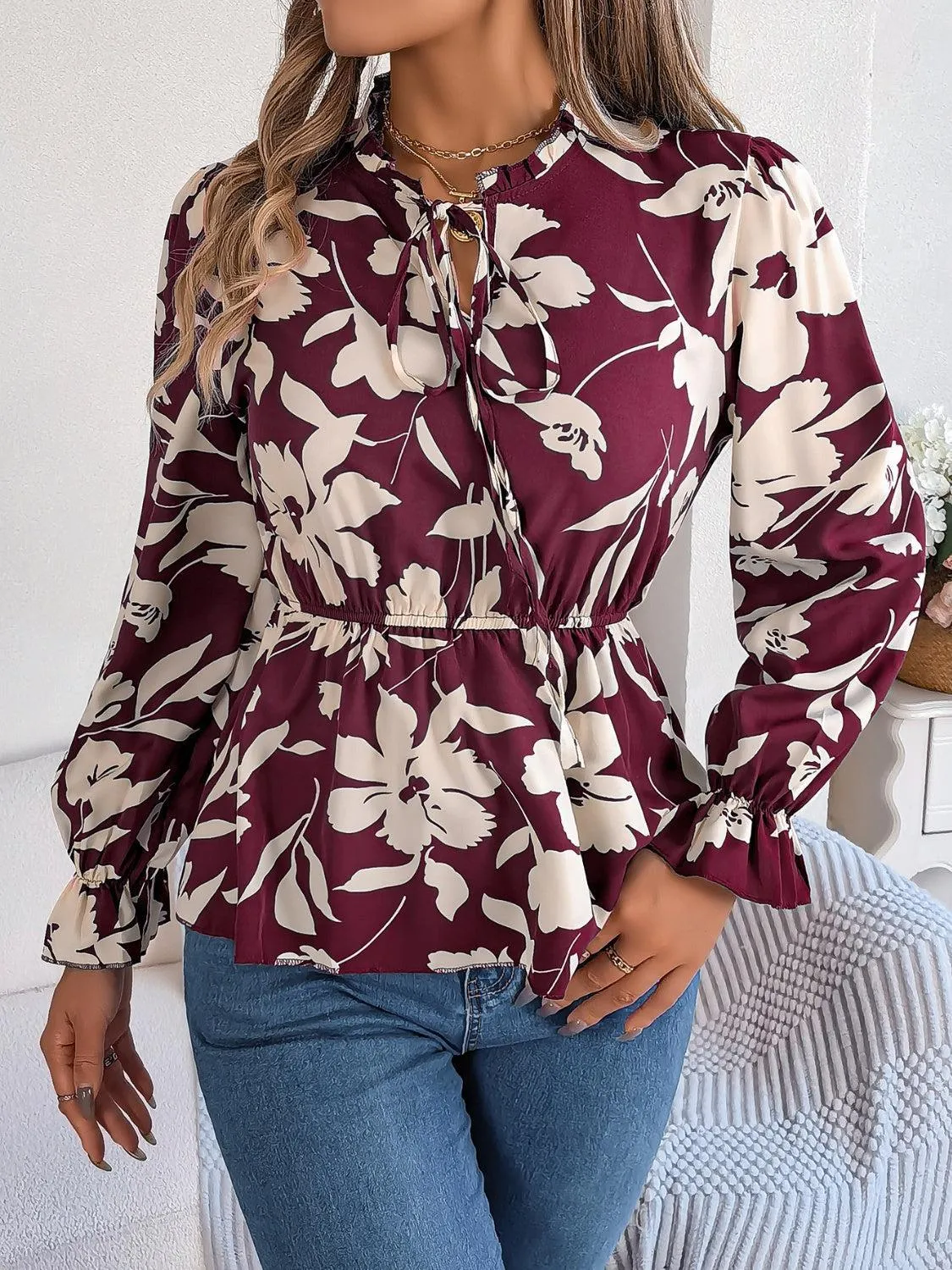 Spring Aura Floral Long Sleeve Peplum Blouse