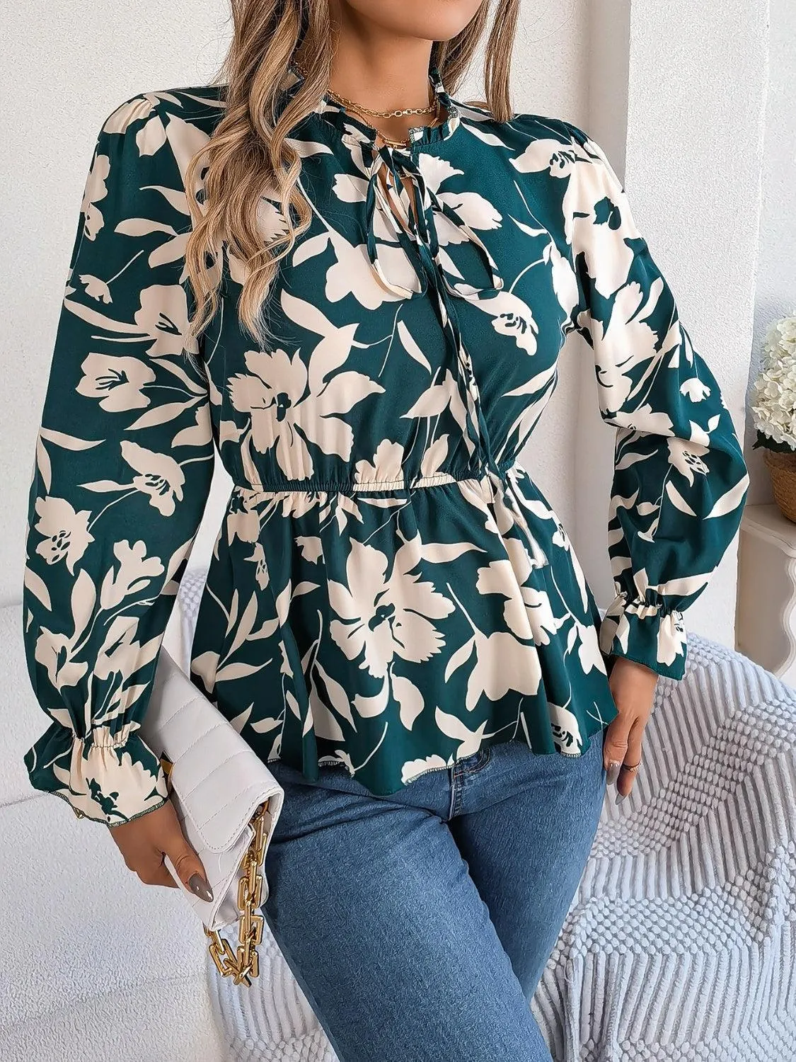 Spring Aura Floral Long Sleeve Peplum Blouse