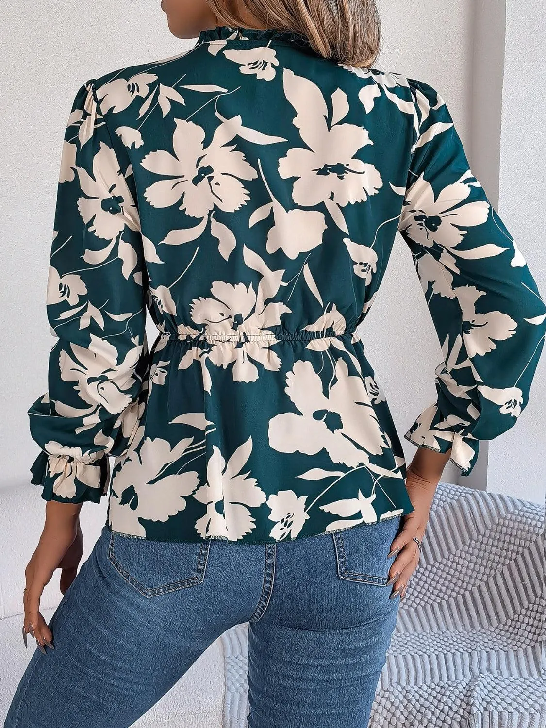 Spring Aura Floral Long Sleeve Peplum Blouse