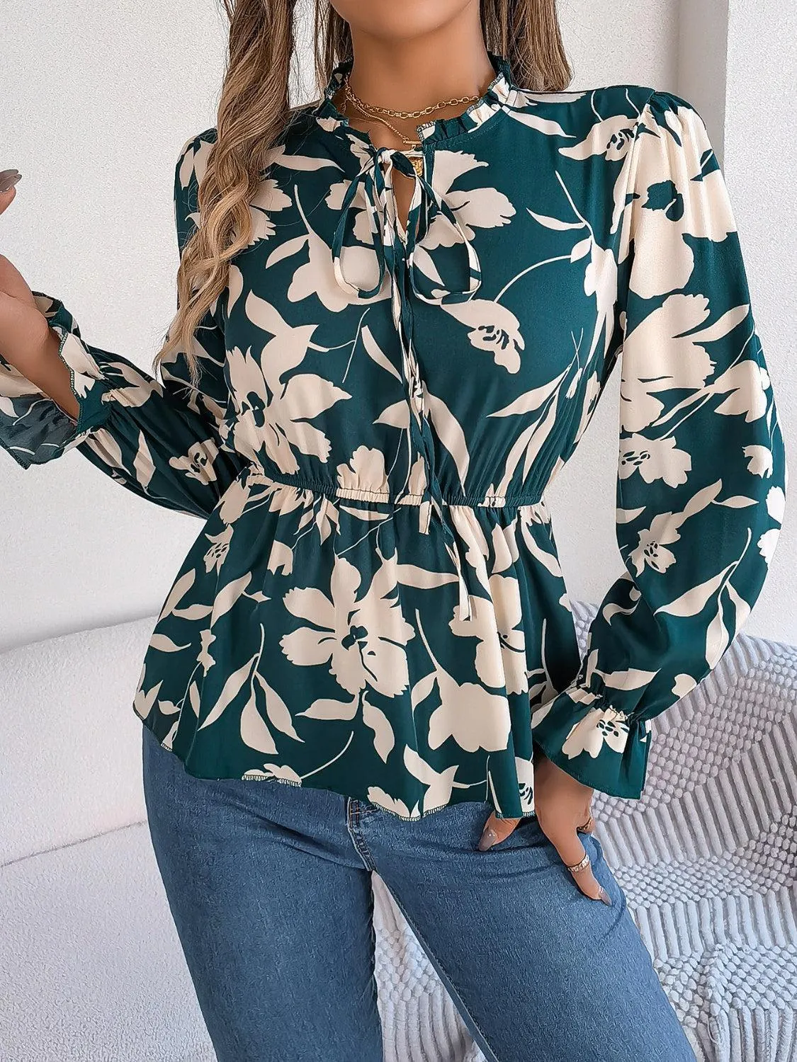 Spring Aura Floral Long Sleeve Peplum Blouse
