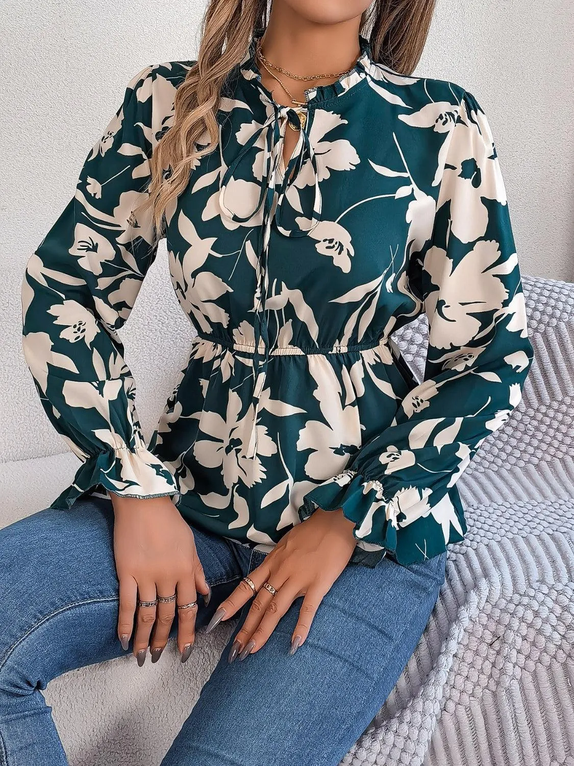 Spring Aura Floral Long Sleeve Peplum Blouse
