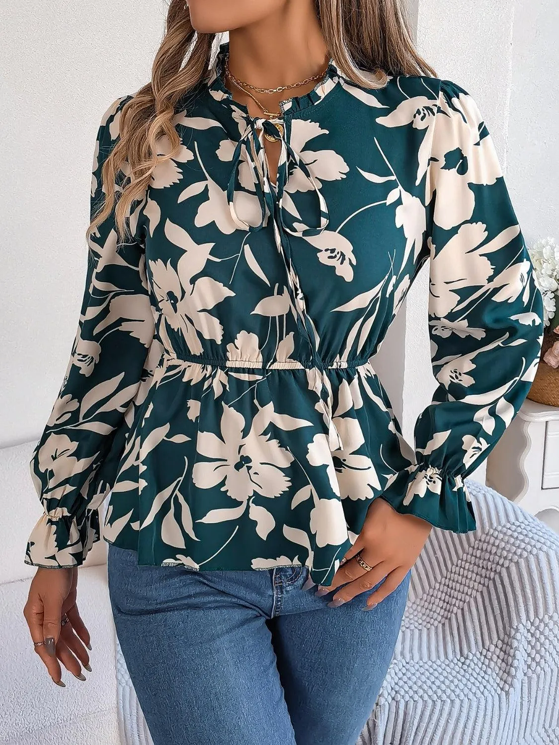 Spring Aura Floral Long Sleeve Peplum Blouse