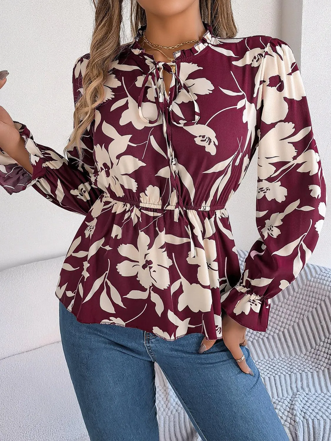 Spring Aura Floral Long Sleeve Peplum Blouse