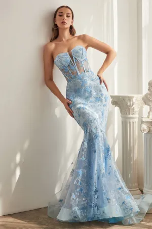 Strapless Butterfly Print Embellishment Mermaid Gown CB099