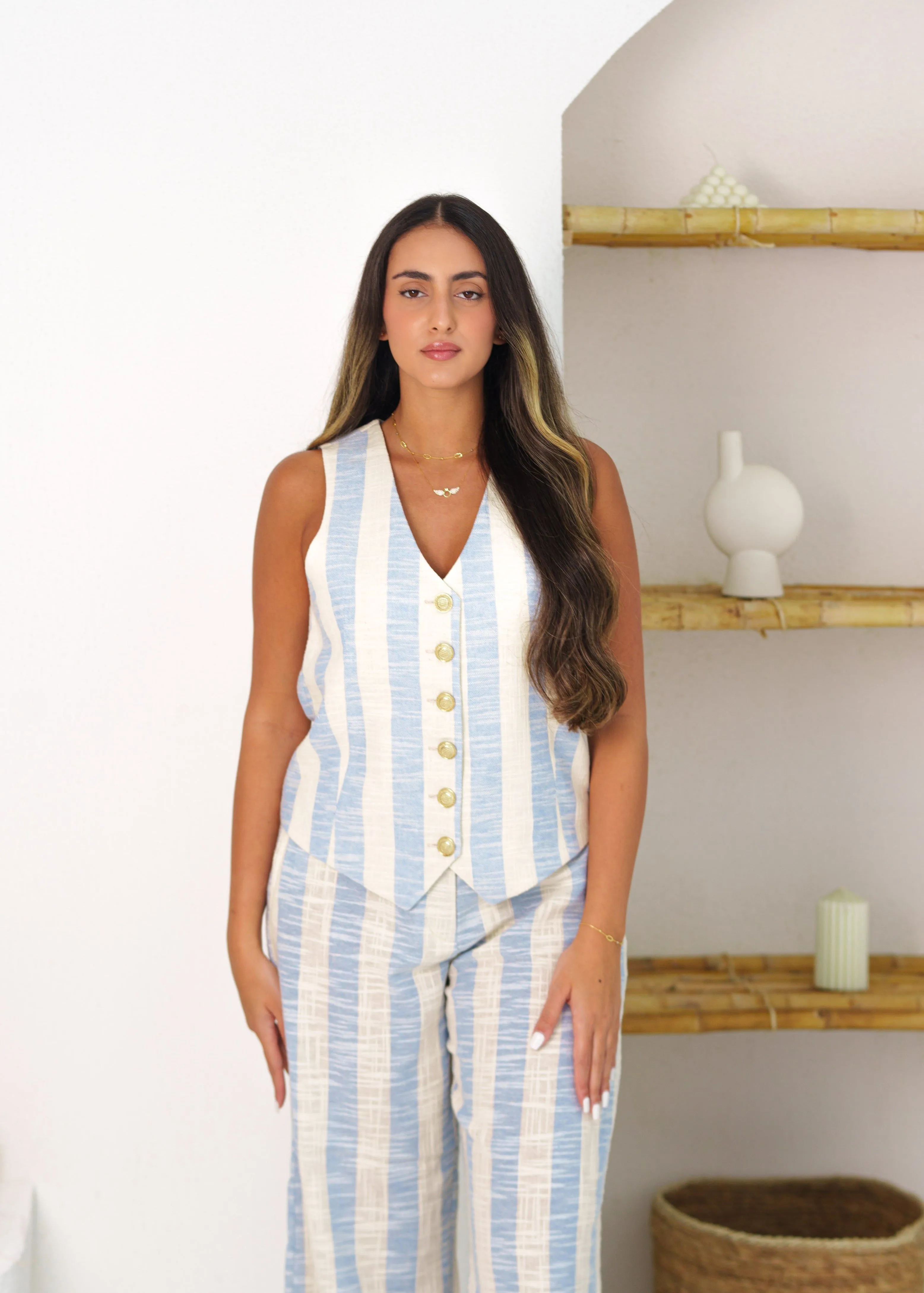 STRIPED LINEN PANTS & WAISTCOAT CO-ORD - BLUE