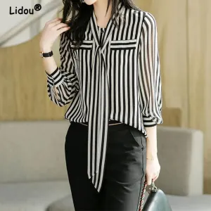 Summer Autumn Elegant Fashion office lady Striped Printing fashion woman blouses 2024 Temperament Long Sleeve Shirt t shirt wome